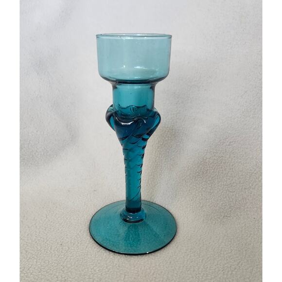 Vintage Peedee Glass Italy Empoli Blue Glass Twisted Stem Candle Holder Teal - Picture 5 of 7